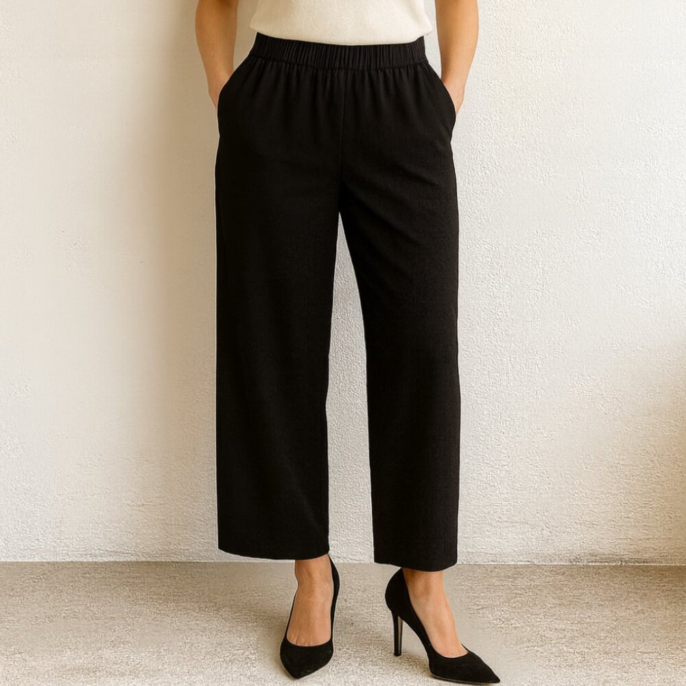 Brunello Cucinelli Black Pants Wide Straight Leg Viscose Linen Pull On Size 12 - Picture 3 of 6